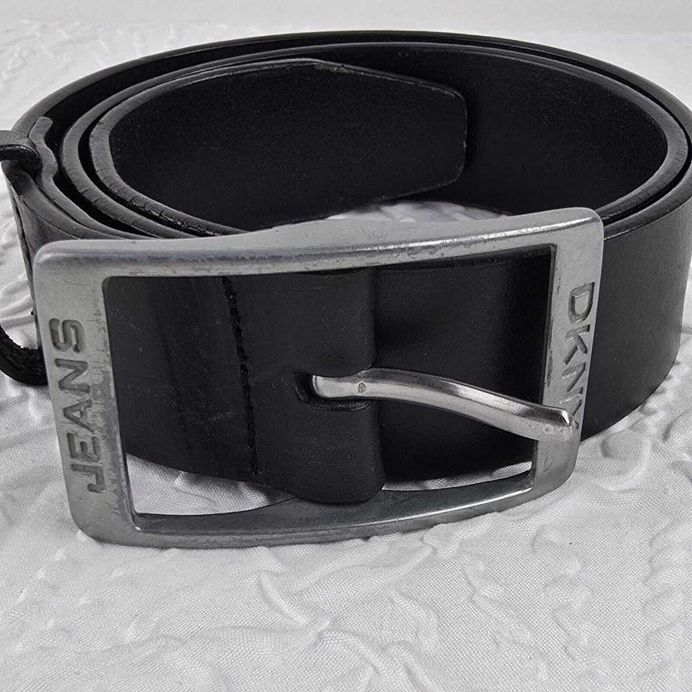 DKNY Jeans Belt Womens Small Black Leather Silver Buckle 837004 Wide Casual